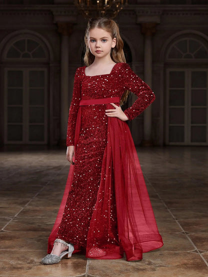 Additional product view of Square-Neck Sequin Mermaid Long-Sleeve Maxi Tween Girls' Party Dress