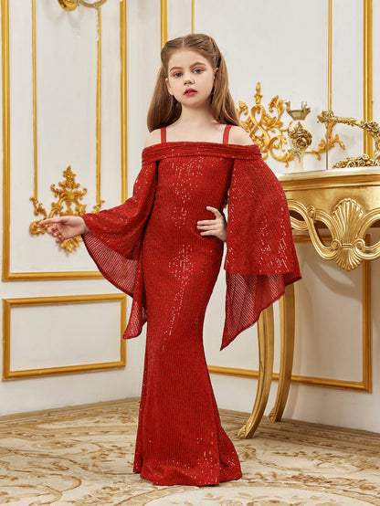 Additional product view of Cold-Shoulder Flare-Sleeve Off-Shoulder Sequin Mermaid Tween Girls' Party Dress