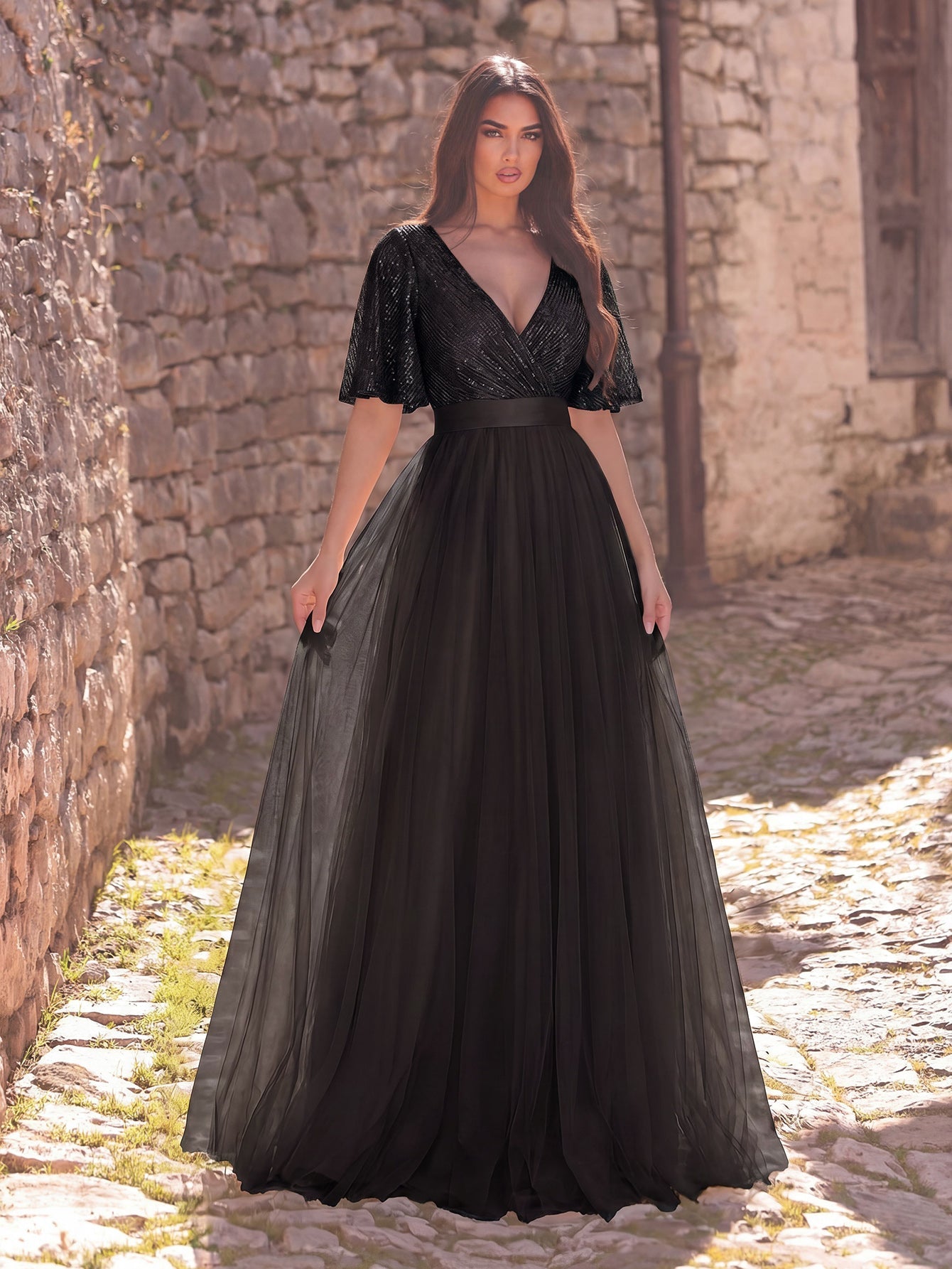 Additional product view of Surplice-Neck V-Neck Mesh Sequin A-Line Evening Gown