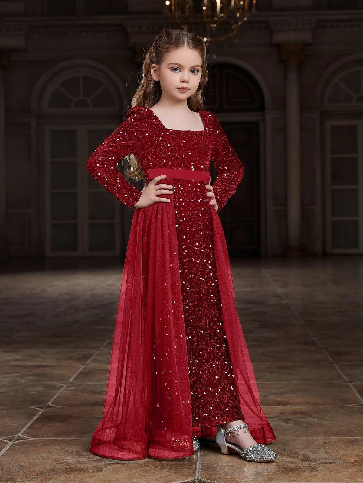 Additional product view of Square-Neck Sequin Mermaid Long-Sleeve Maxi Tween Girls' Party Dress