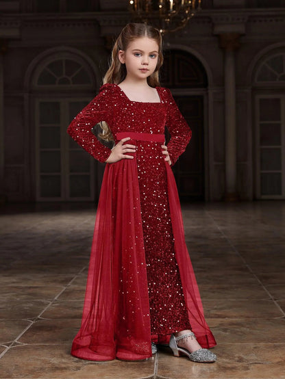 Additional product view of Square-Neck Sequin Mermaid Long-Sleeve Maxi Tween Girls' Party Dress