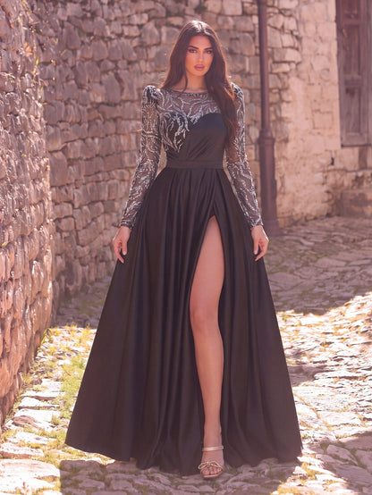 Elegant Women's Sequin Bodice Formal Gown | Long Sleeves | Full Flared Skirt