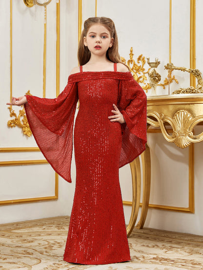 Additional product view of Cold-Shoulder Flare-Sleeve Off-Shoulder Sequin Mermaid Tween Girls' Party Dress