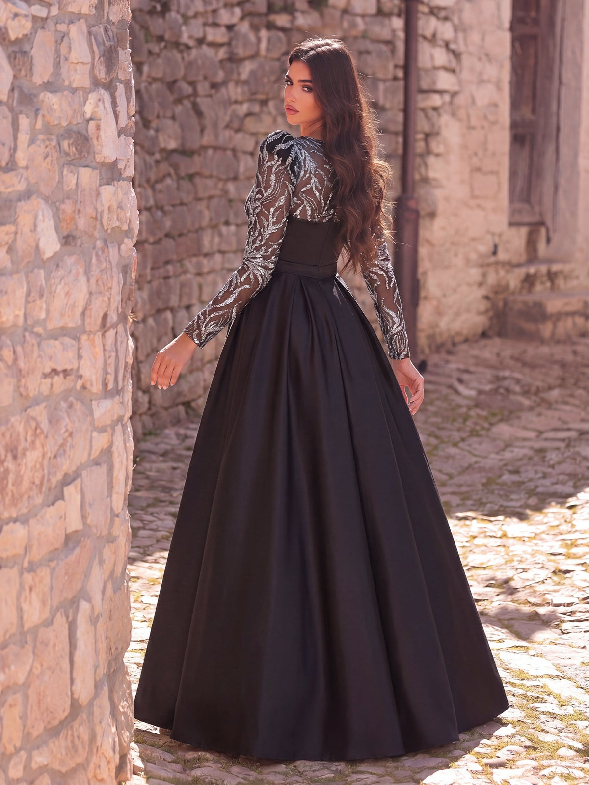 Elegant Women's Sequin Bodice Formal Gown | Long Sleeves | Full Flared Skirt