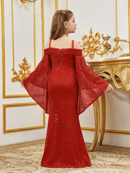Additional product view of Cold-Shoulder Flare-Sleeve Off-Shoulder Sequin Mermaid Tween Girls' Party Dress