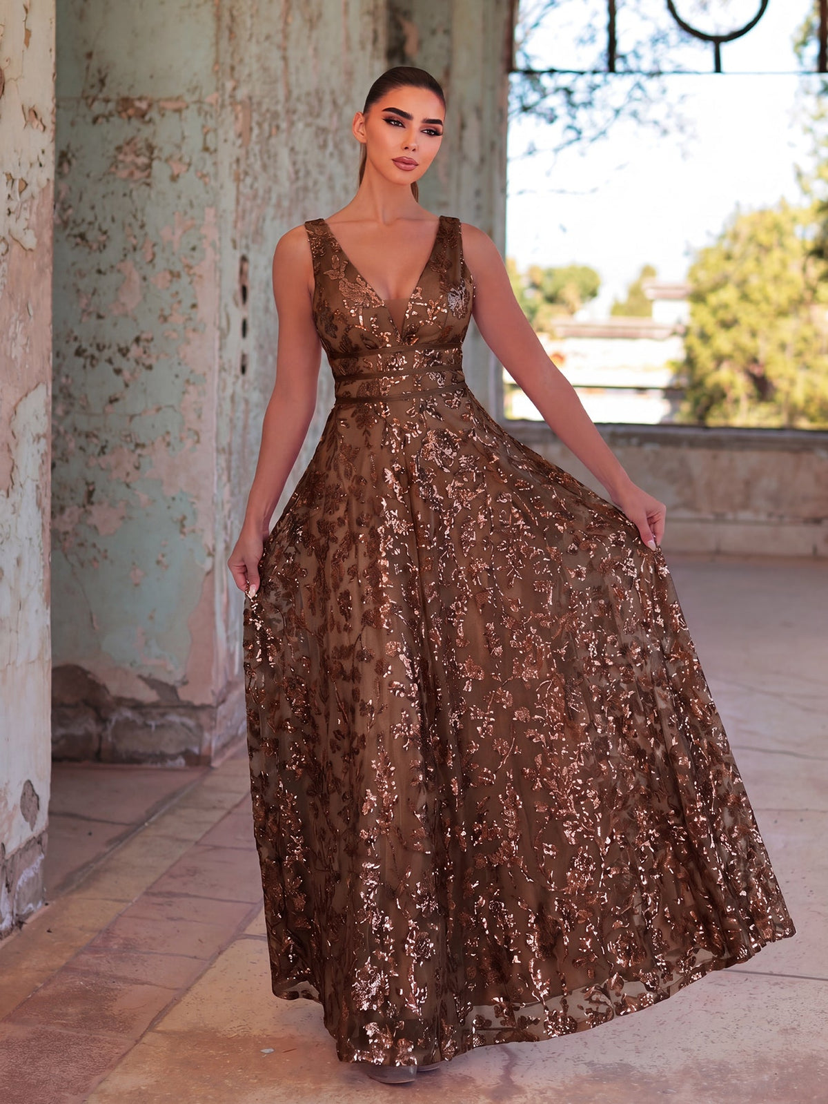 Plunging Neck Sleeveless Embroidered Sequin Dresses