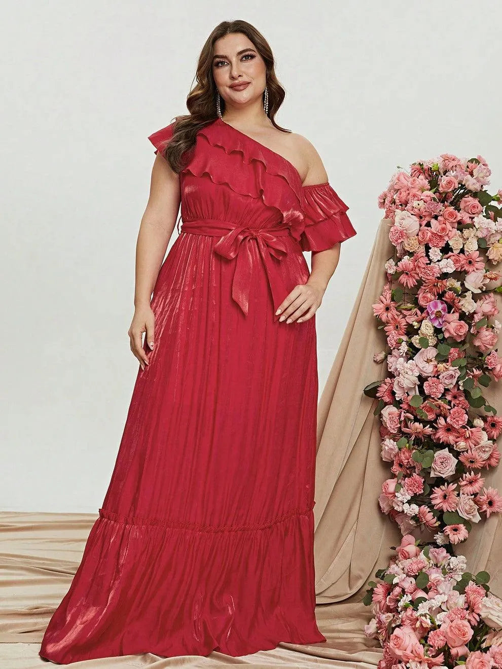 Alternate view of Asymmetrical Plus-Size One-Shoulder Chiffon Floral Maxi Formal Dress in Rose Red