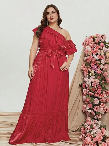 Alternate view of Asymmetrical Plus-Size One-Shoulder Chiffon Floral Maxi Formal Dress in Rose Red