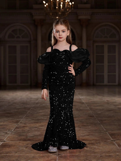 Additional product view of Ruffle Trim Off-Shoulder Sequin Mermaid Long-Sleeve Tween Girls' Party Dress