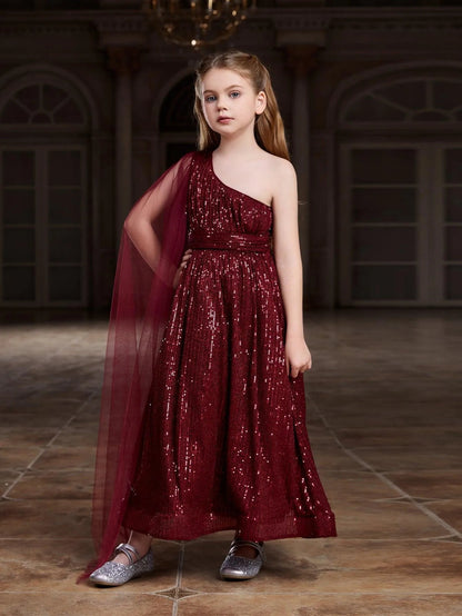 Tween Girls' One-Shoulder Draped Side Sequin Prom Dress — authorized product image 4