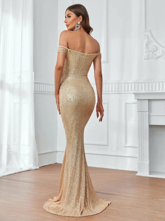 Contrast Mesh Off-Shoulder Mermaid Hem Sequin Formal Dress — authorized product image 2
