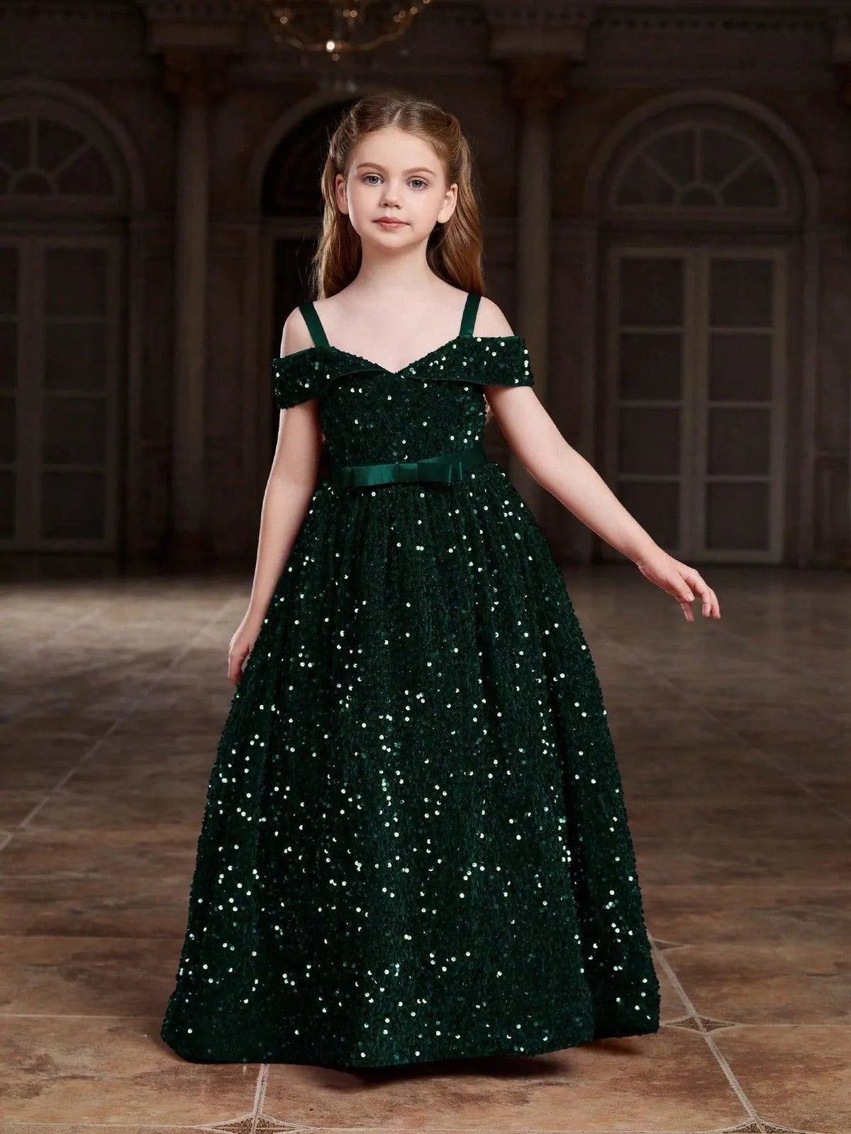 Additional product view of High-Low Hem Off-Shoulder Sequin A-Line Short-Sleeve Tween Girls' Party Dress