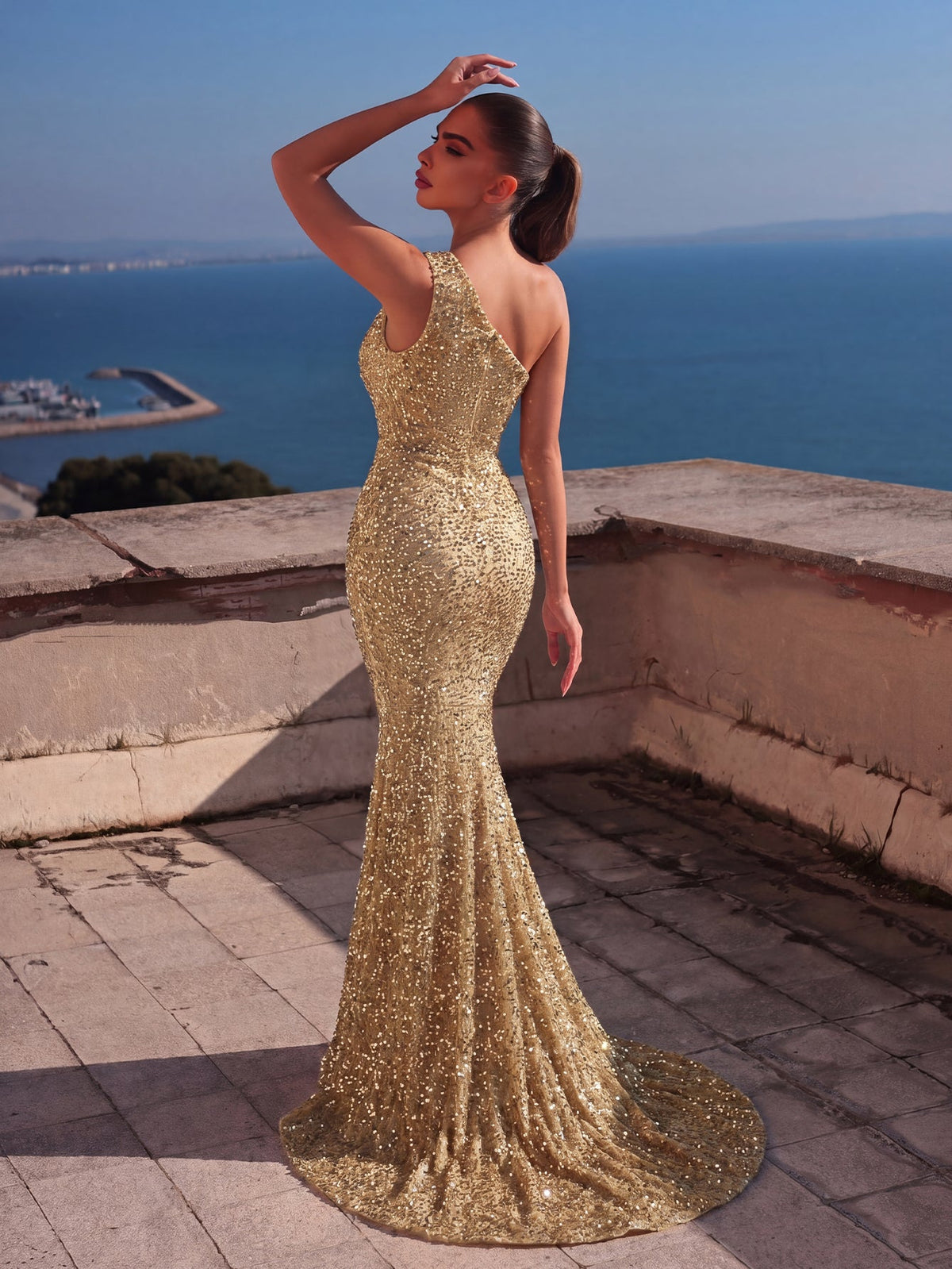 Additional product view of High-Slit Mermaid Hem One-Shoulder Sequin Sleeveless Evening Gown