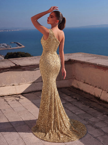 Additional product view of High-Slit Mermaid Hem One-Shoulder Sequin Sleeveless Evening Gown