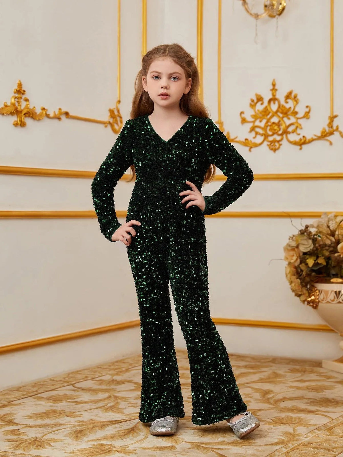 Tween Girls' V-Neck Sequin Long-Sleeve Jumpsuit — authorized product image 3
