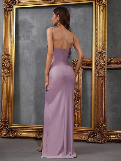 Additional product view of Cami Strap High-Slit Knit Sheath Sleeveless Evening Gown