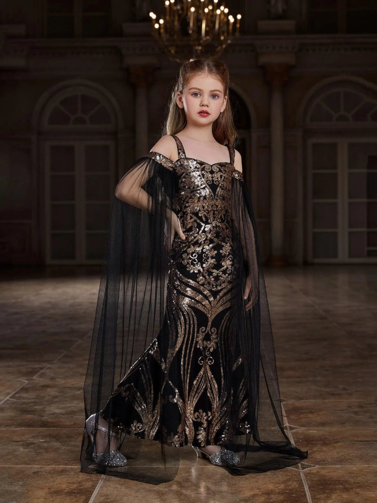 Additional product view of Cloak-Sleeve Off-Shoulder Sequin Mermaid Maxi Tween Girls' Party Dress