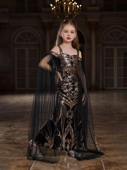 Additional product view of Cloak-Sleeve Off-Shoulder Sequin Mermaid Maxi Tween Girls' Party Dress