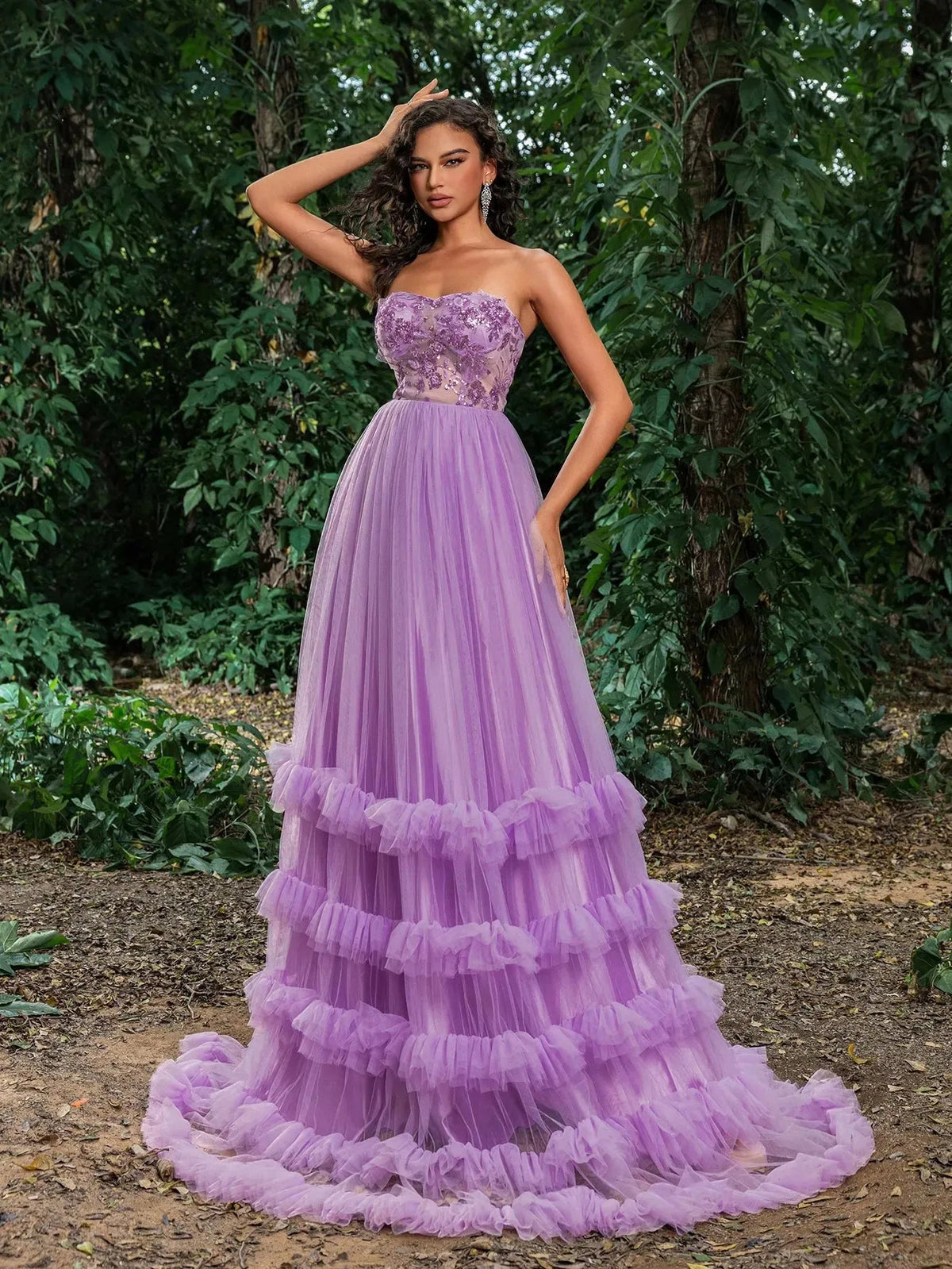 Floral Sequin Bodice Cascading Ruffle Hem Tulle Prom Dress — authorized product image 4