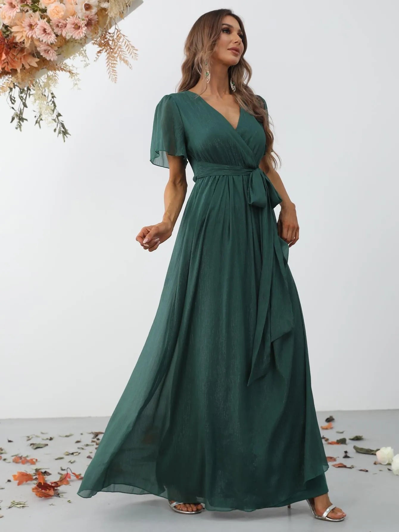 Additional product view of Belted V-Neck Chiffon A-Line Short-Sleeve Maxi Formal Dress