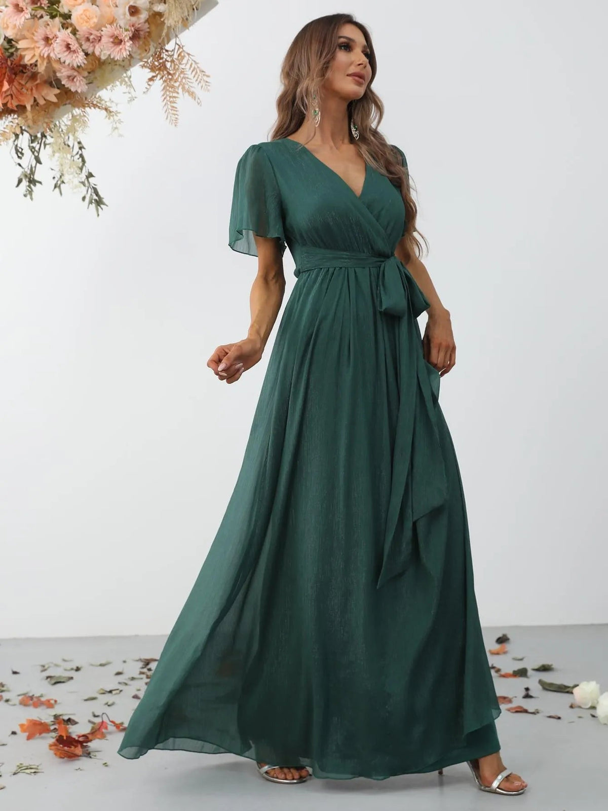 Additional product view of Belted V-Neck Chiffon A-Line Short-Sleeve Maxi Formal Dress