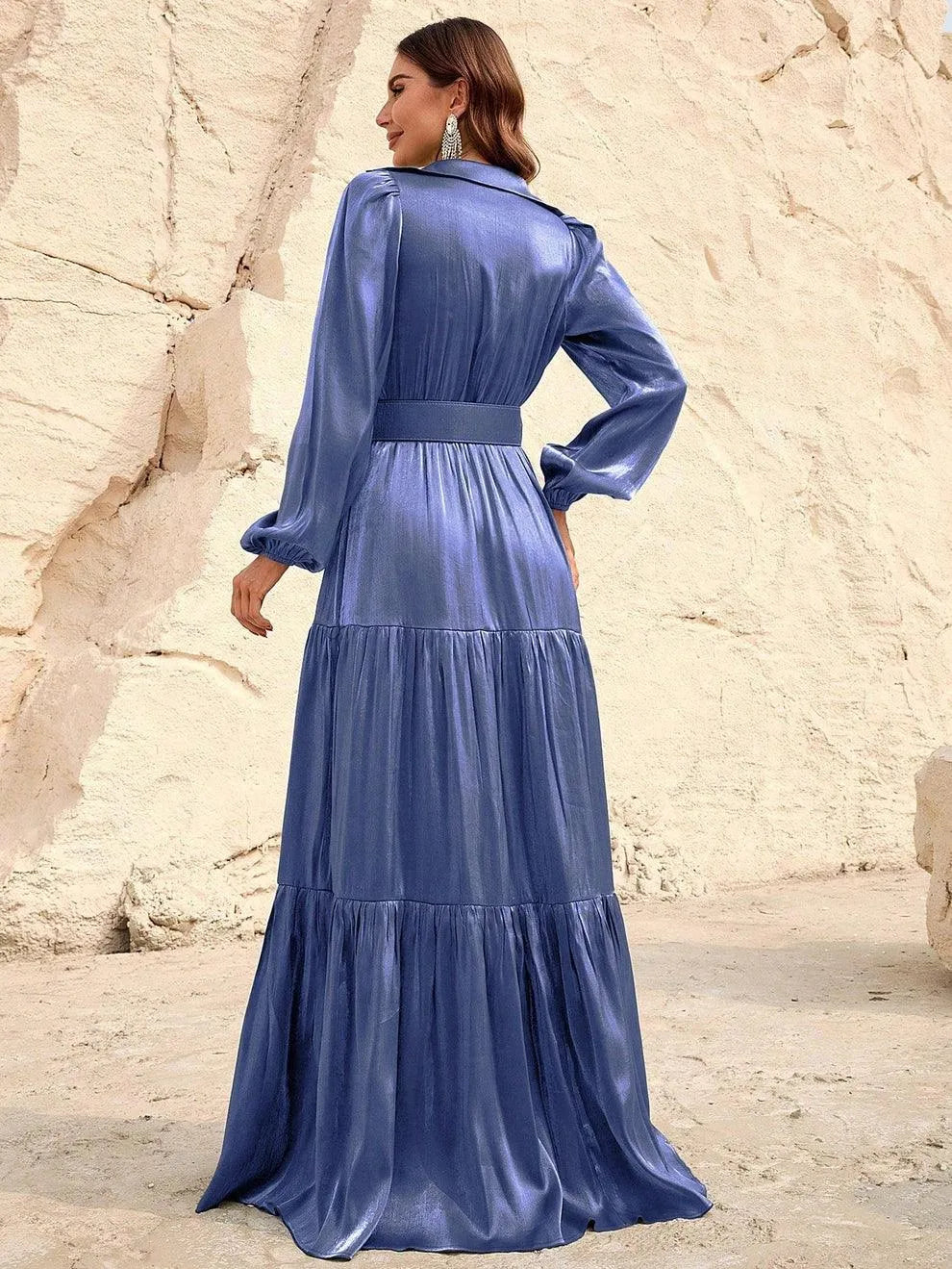 Additional product view of Belted Chiffon A-Line Long-Sleeve Maxi Evening Gown