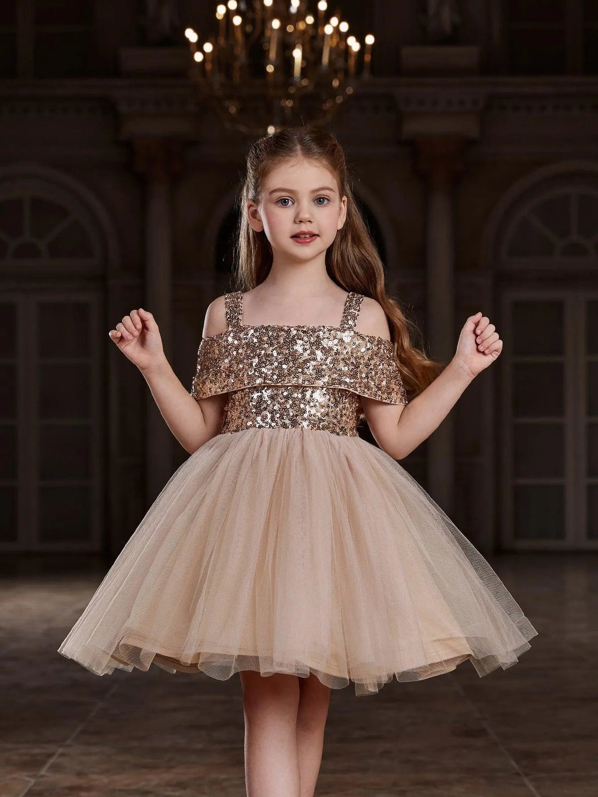 Off-Shoulder Sequin A-Line Short-Sleeve Midi Tween Girls' Party Dress in Champagne