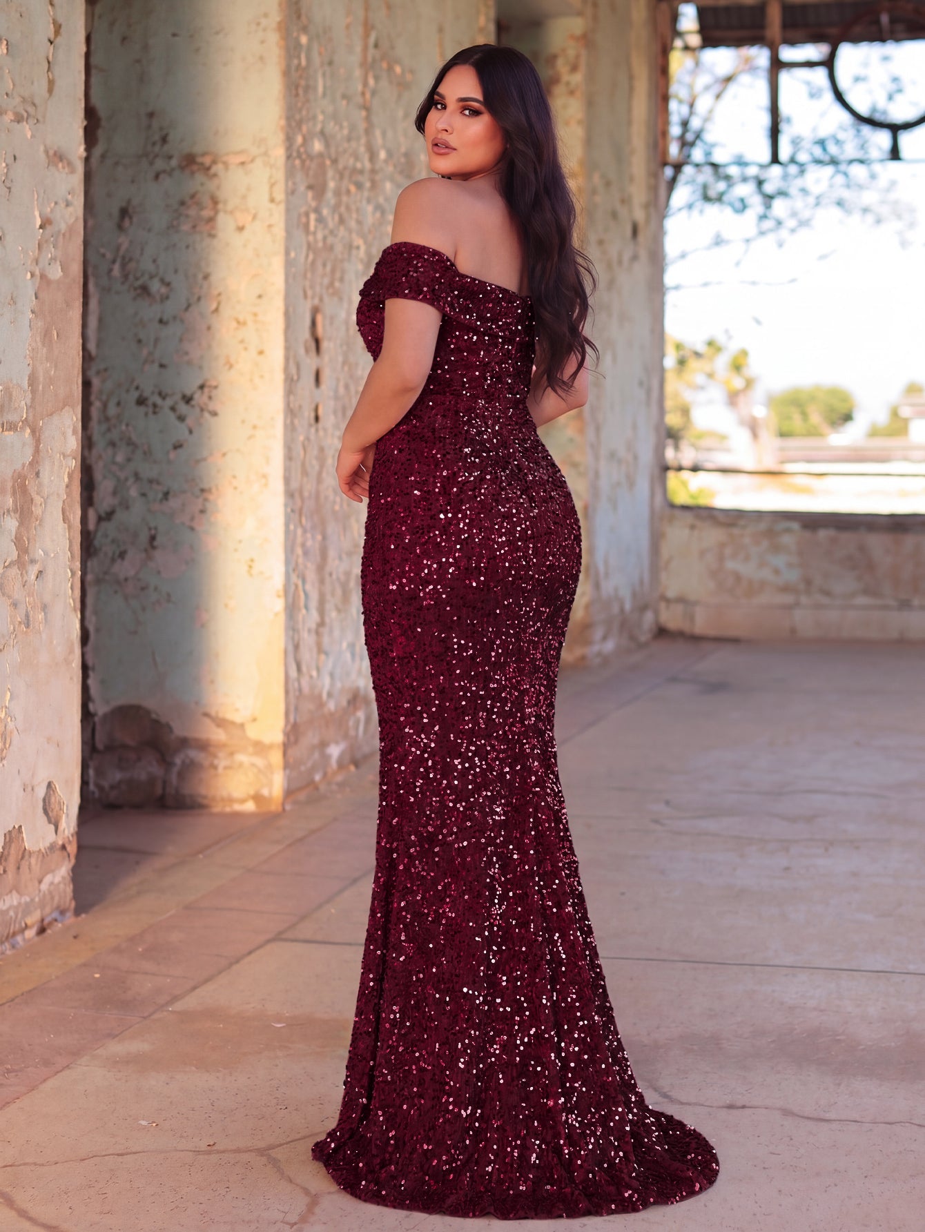 Additional product view of Plus-Size Off-Shoulder Sequin Mermaid Short-Sleeve Evening Gown