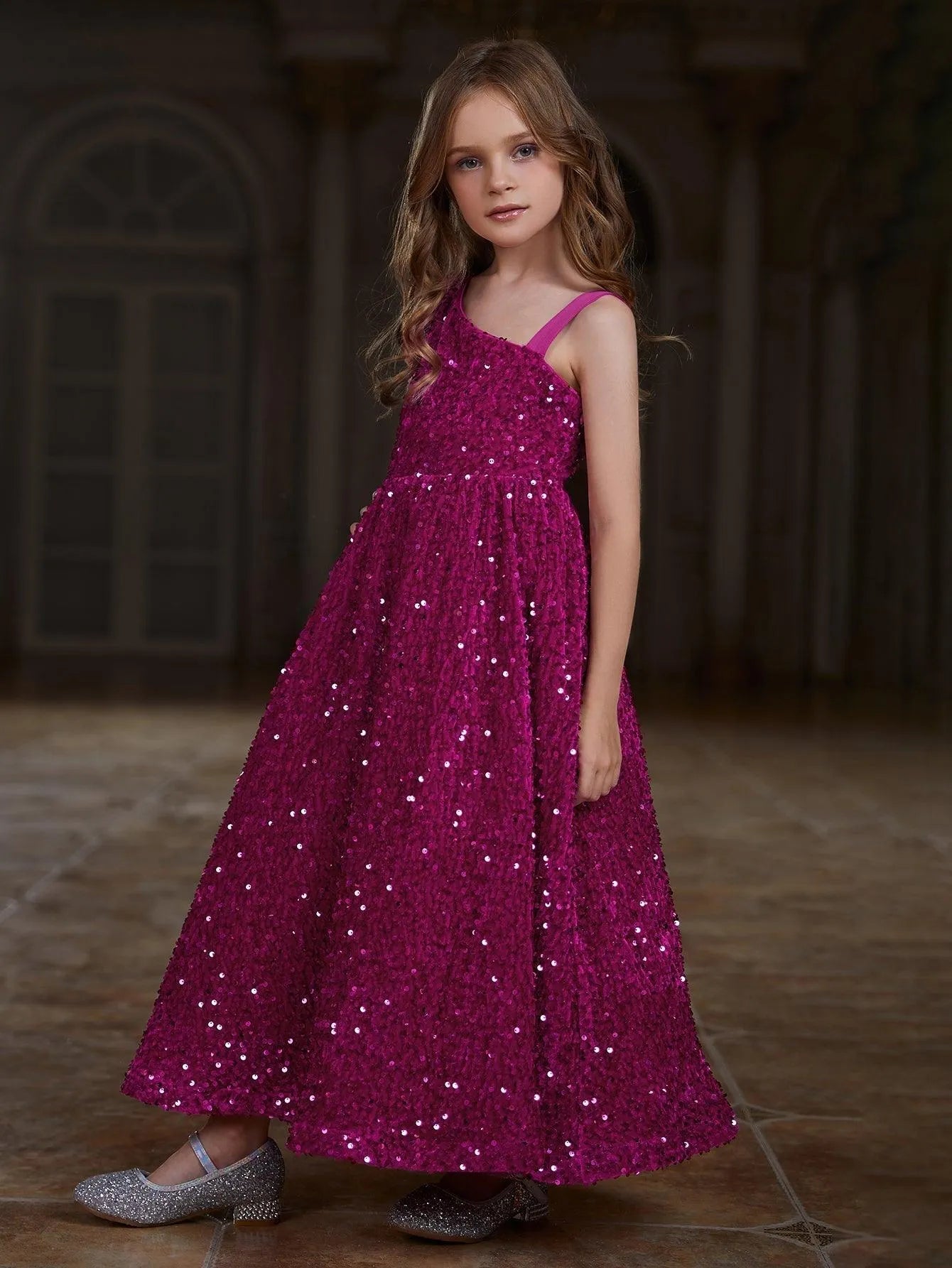 Additional product view of Asymmetrical Neckline Sequin A-Line Sleeveless Maxi Tween Girls' Party Dress