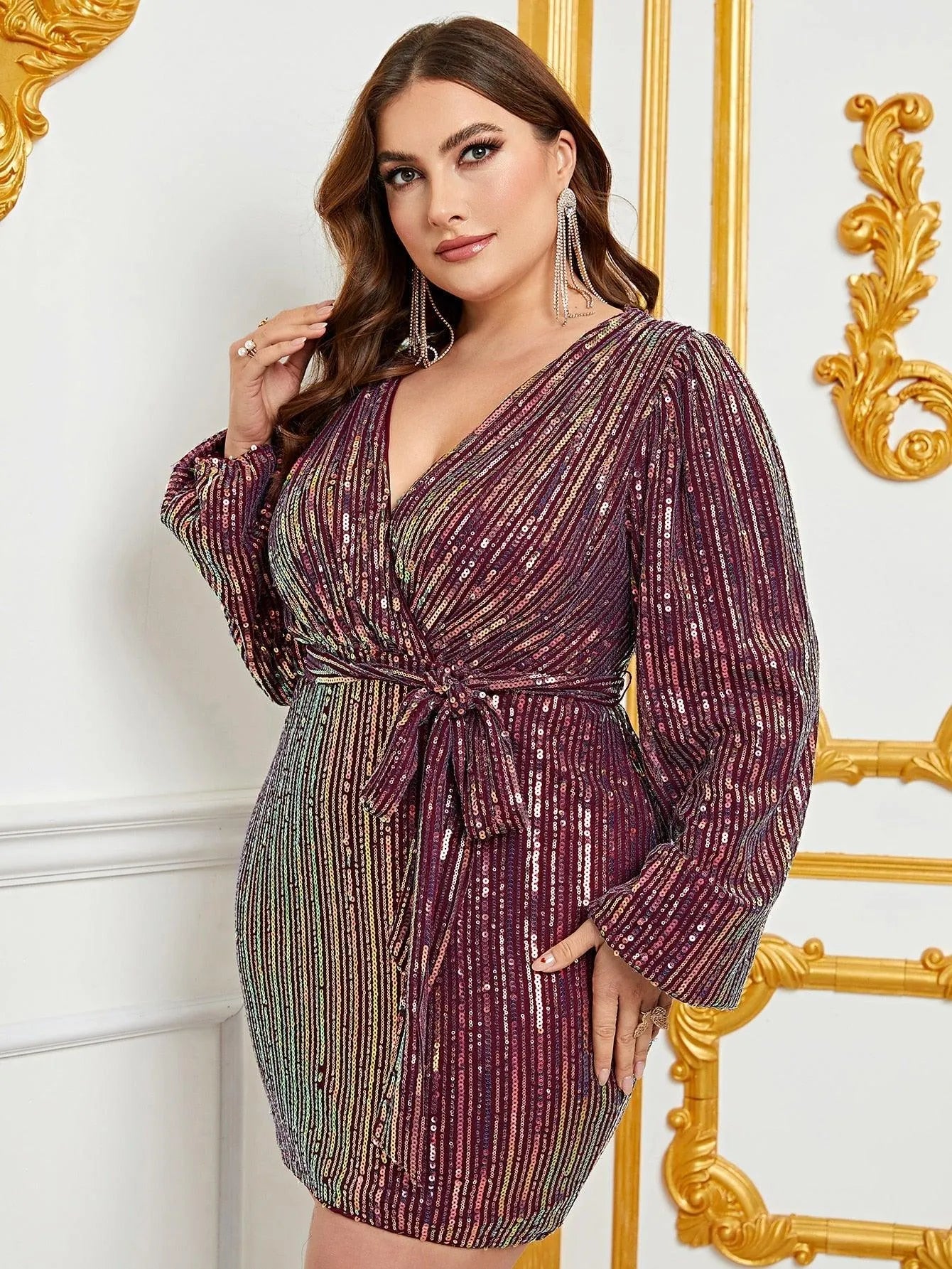Additional product view of Surplice-Neck Belted Plus-Size V-Neck Sequin Mini Party Dress