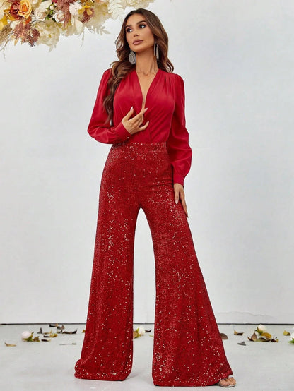Additional product view of V-Neck Sequin Long-Sleeve Women's Two-Piece Formal Set