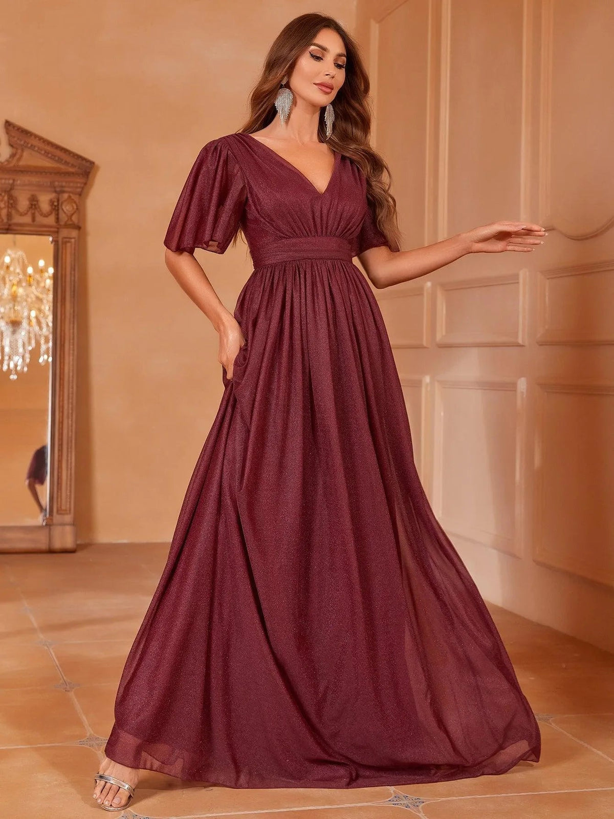 V-Neck Short Sleeve Maxi A-Line Dress — authorized product image 4