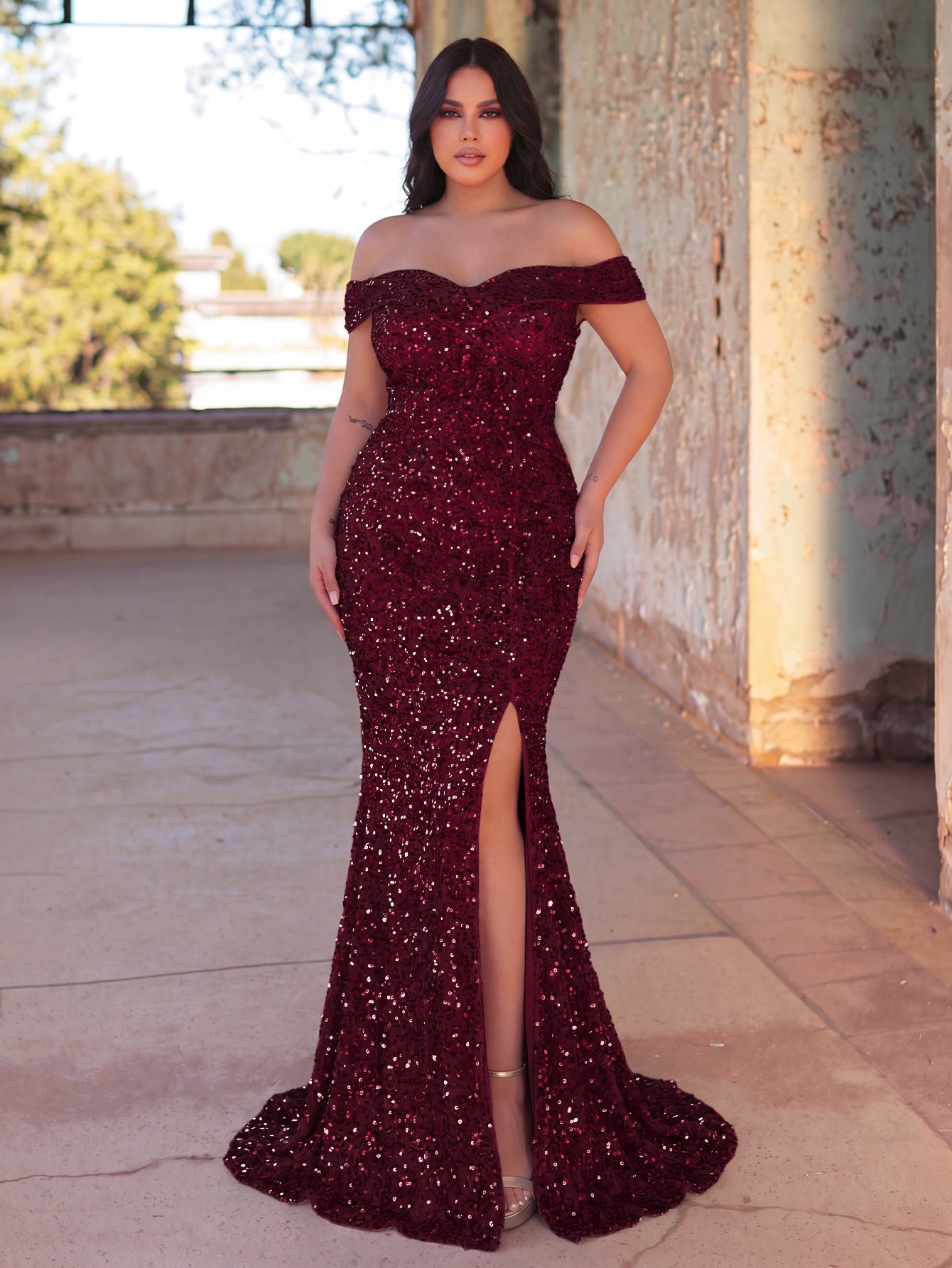 Additional product view of Plus-Size Off-Shoulder Sequin Mermaid Short-Sleeve Evening Gown