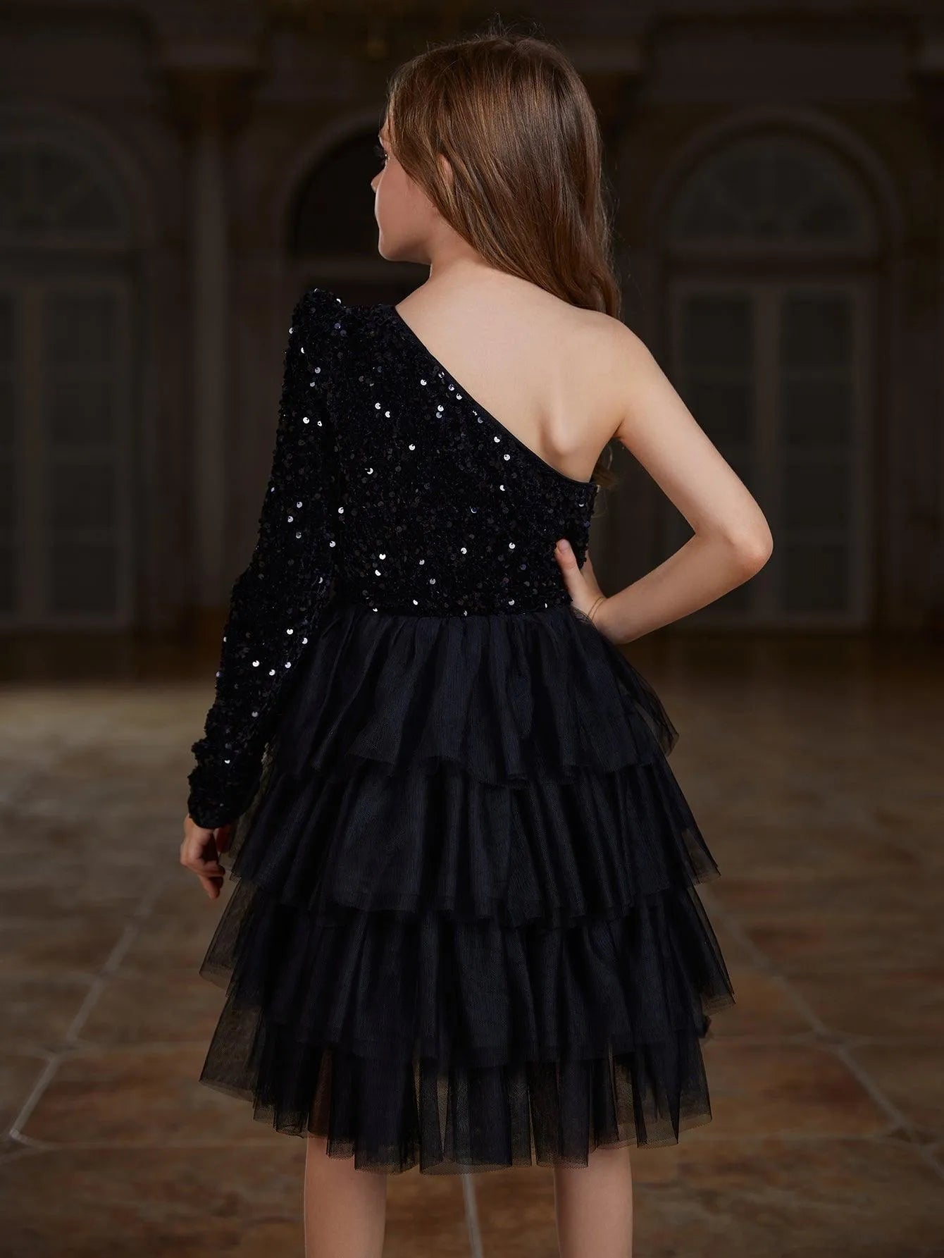 Additional product view of One-Shoulder Sequin A-Line Mesh Midi Tween Girls' Party Dress