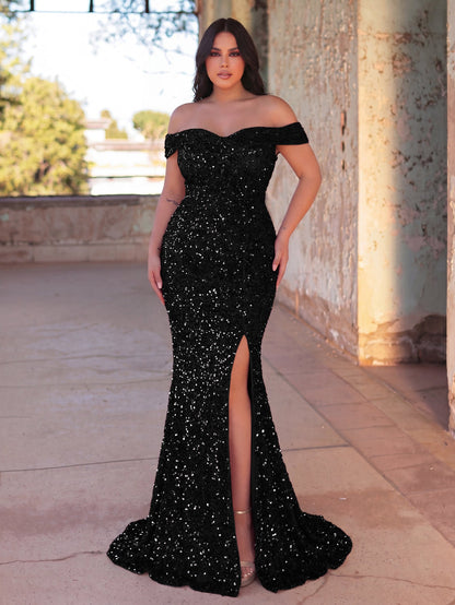Alternate view of Plus-Size Off-Shoulder Sequin Mermaid Short-Sleeve Evening Gown in Black