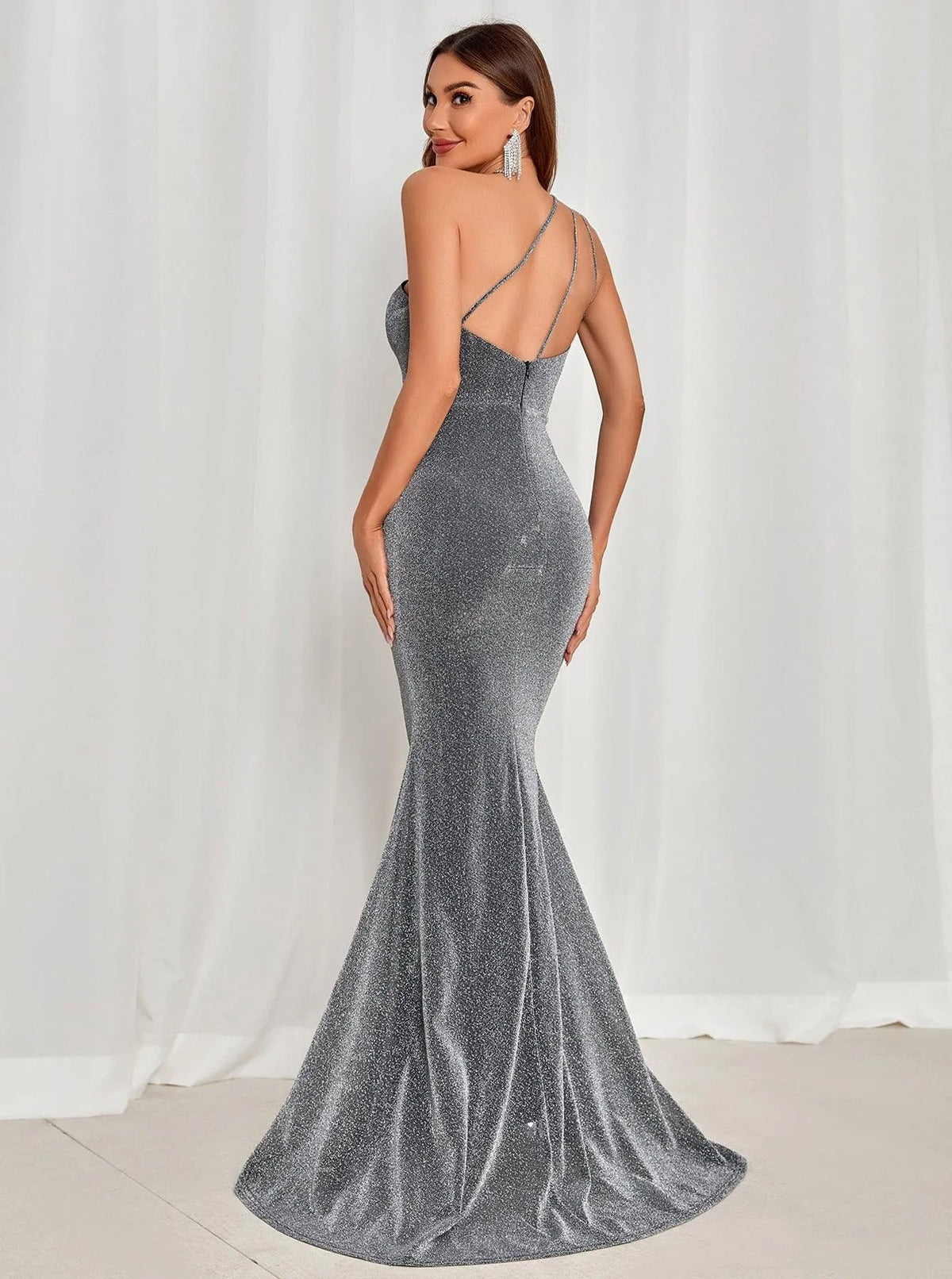 One-Shoulder Backless Mermaid Hem Glitter Dress — authorized product image 2