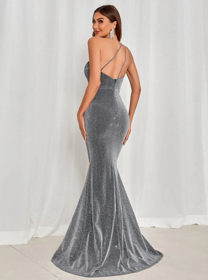One-Shoulder Backless Mermaid Hem Glitter Dress — authorized product image 2