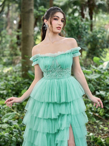 Gorgeous Off-Shoulder Applique Detail Bodice Cascading Ruffle Hem Prom Dress – view 6