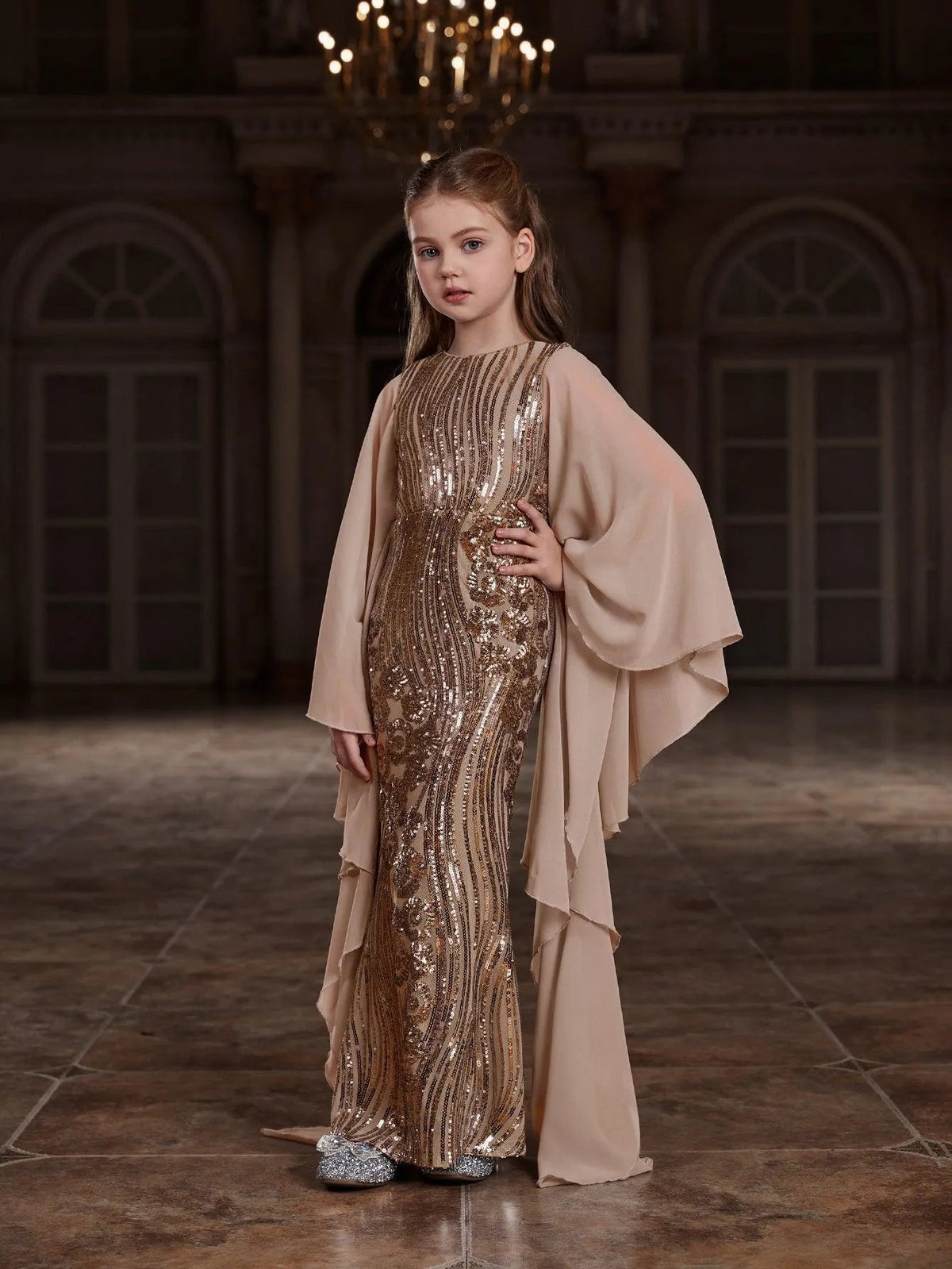 Tween Girls' Round Neck Sequin Long-Sleeve Mermaid Formal Gown — authorized product image 4