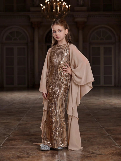 Tween Girls' Round Neck Sequin Long-Sleeve Mermaid Formal Gown — authorized product image 4