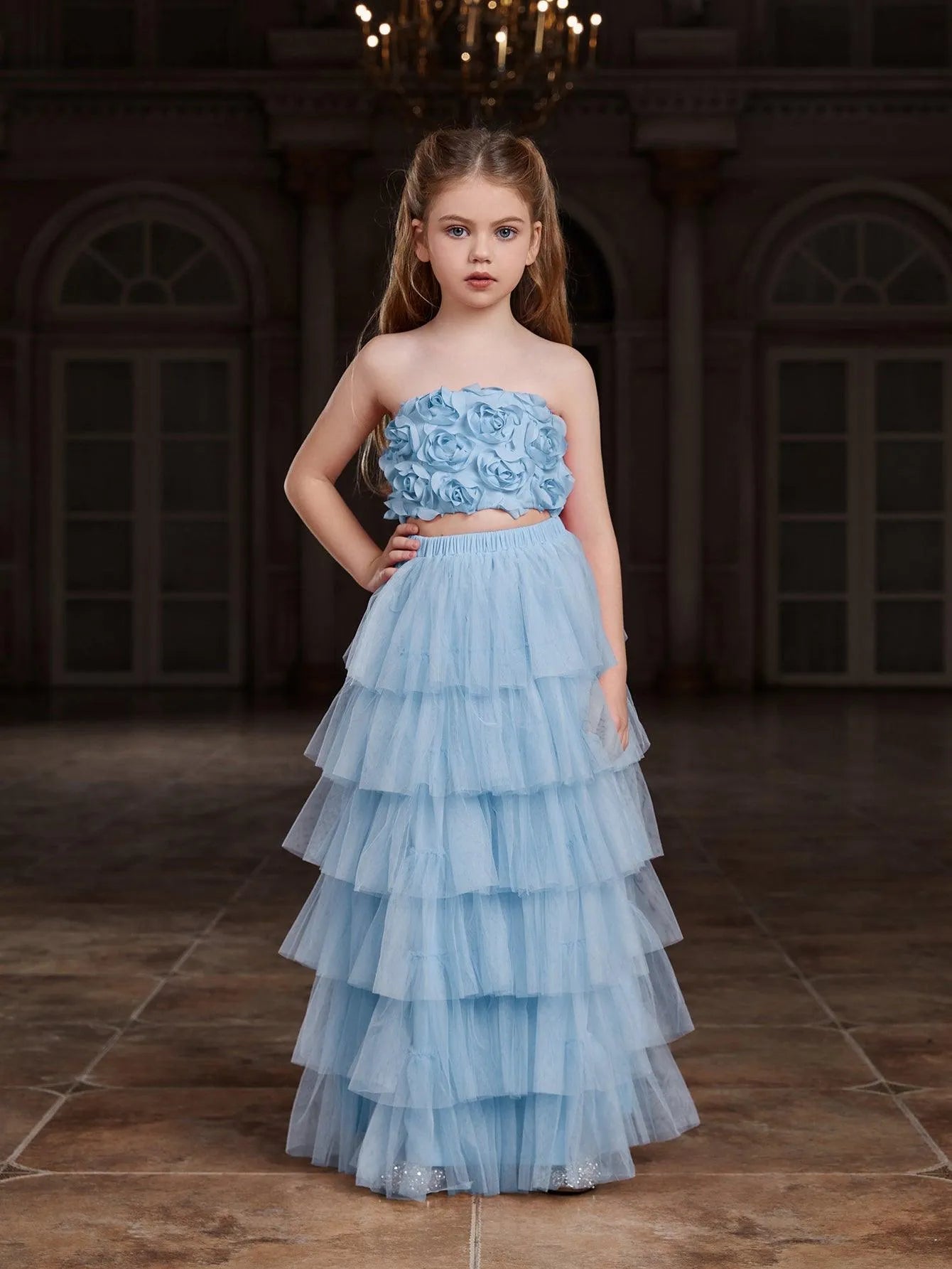 Additional product view of Strapless Mesh 3D-Flower A-Line Sleeveless Girls' Two-Piece Formal Set