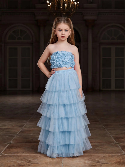 Additional product view of Strapless Mesh 3D-Flower A-Line Sleeveless Girls' Two-Piece Formal Set