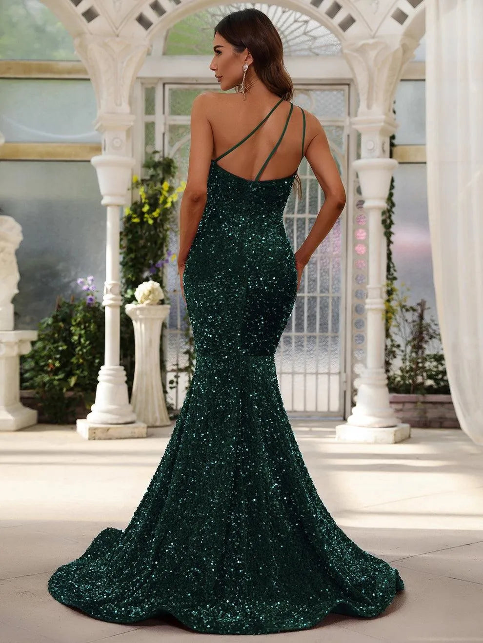 Additional product view of One-Shoulder Sequin Mermaid Sleeveless Maxi Evening Gown