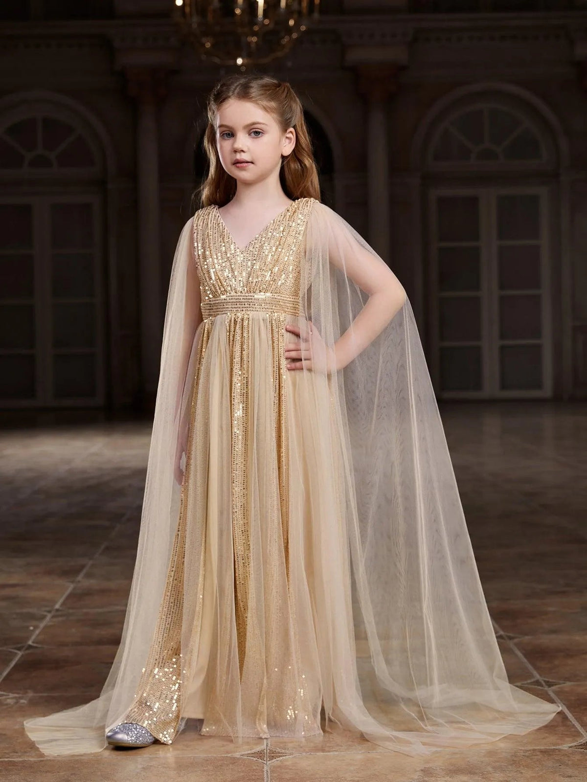 Contrast Mesh Cape-Sleeve V-Neck Sequin A-Line Tween Girls' Party Dress in Champagne