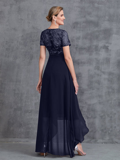 Additional product view of Embroidered Sequin Bodice Asymmetrical Lace Boat-Neck Short-Sleeve Mother-of-the-Bride Dress