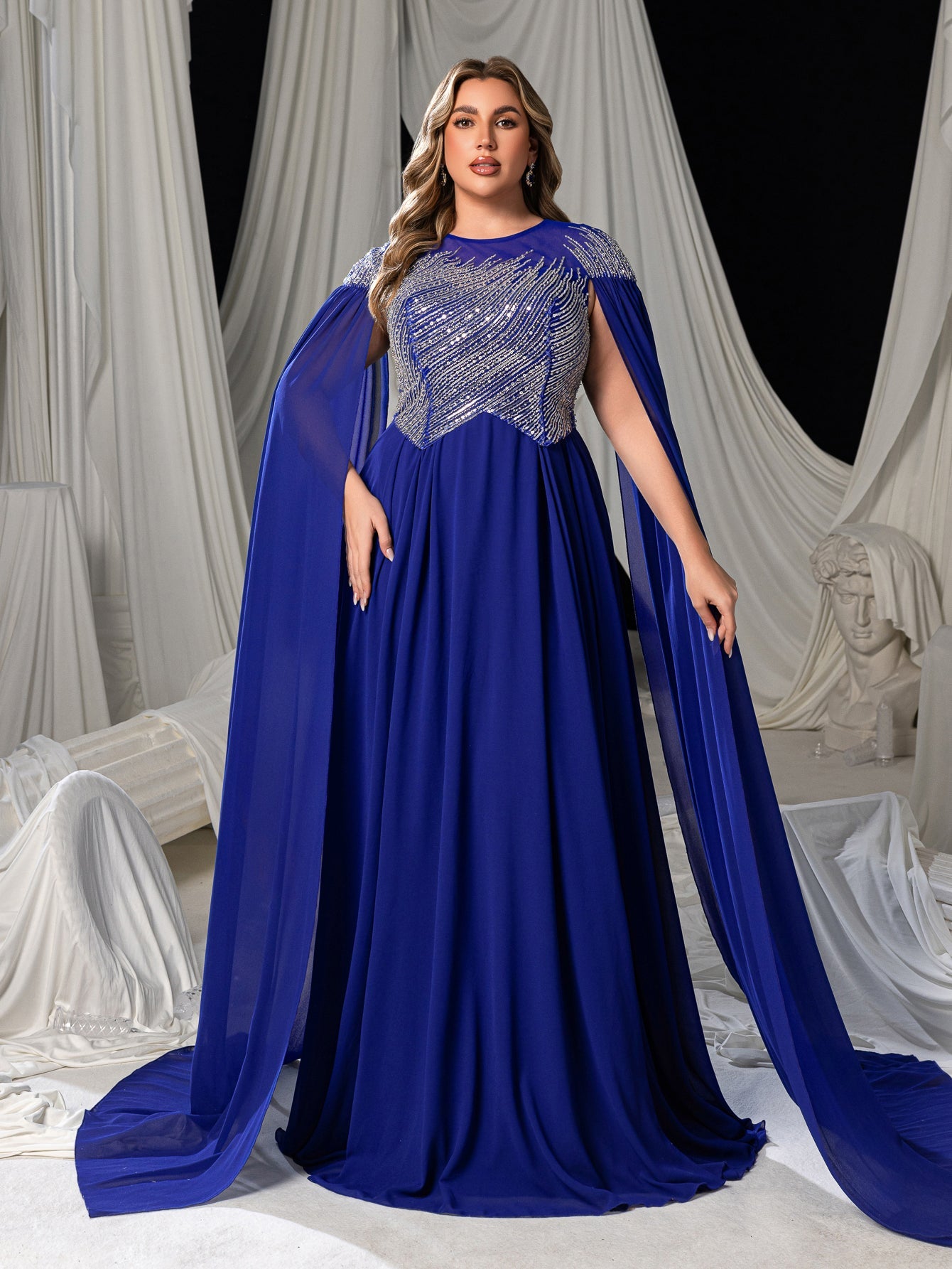 Plus Elegant Chiffon Evening Gown with Beaded Sequin Embellished Bodice, Cape-Style Sleeves & Flowy Floor-Length Skirt, Back Beaded Detail – view 3