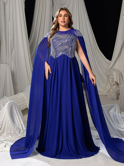 Additional view of Plus-Size Round Neck Sequin Cape A-Line Evening Gown