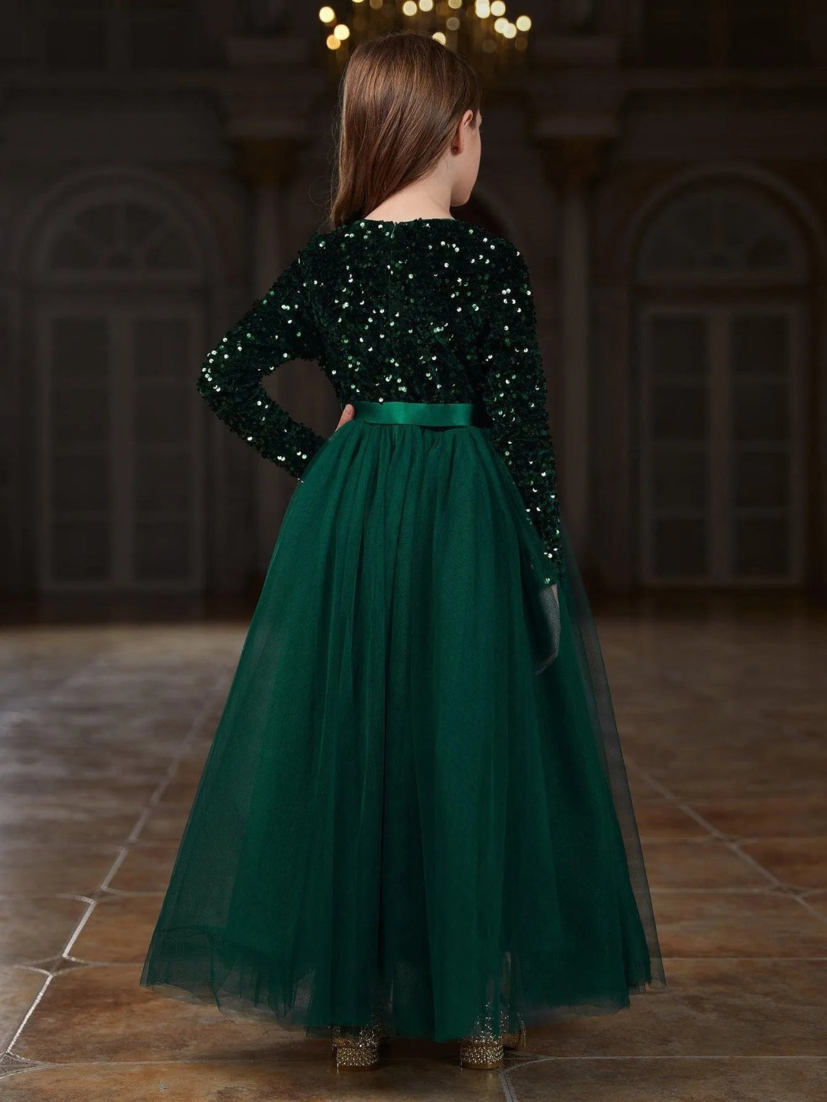 Additional product view of Sequin A-Line Long-Sleeve Mesh Maxi Tween Girls' Party Dress