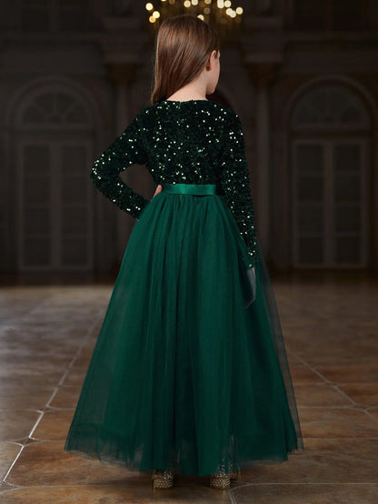 Additional product view of Sequin A-Line Long-Sleeve Mesh Maxi Tween Girls' Party Dress