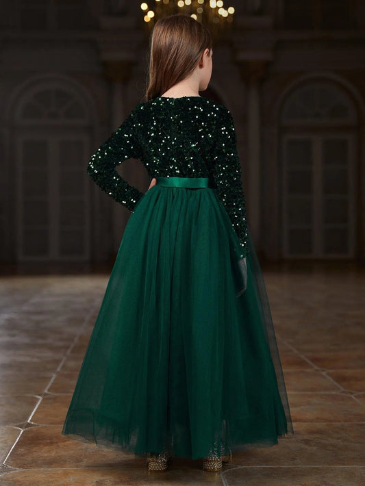 Additional product view of Sequin A-Line Long-Sleeve Mesh Maxi Tween Girls' Party Dress